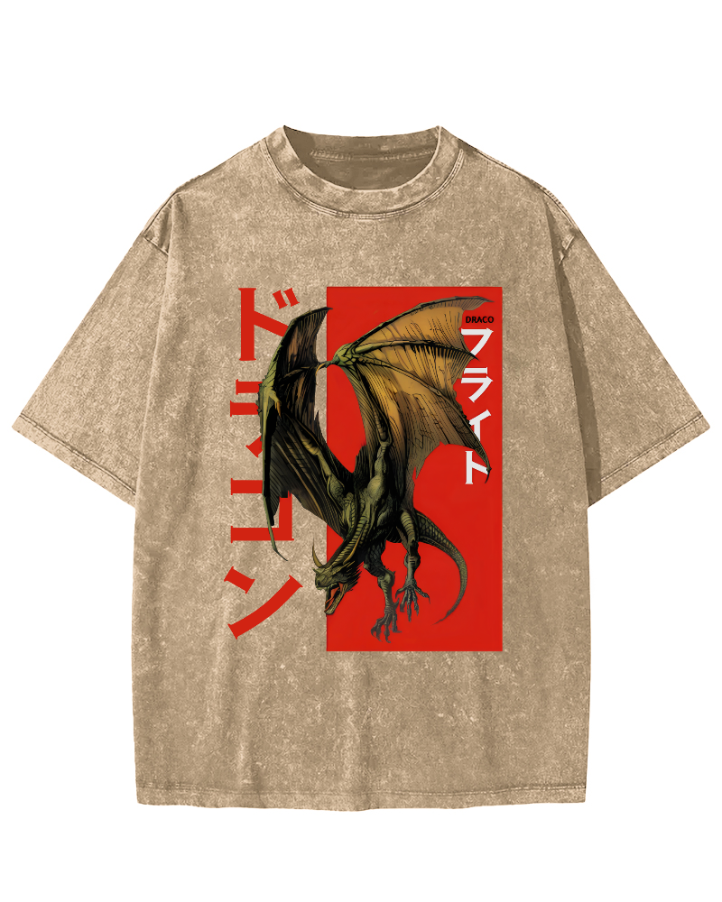 Pterosaur Monster Japanese Style Vintage Washed T-shirt-Zazasy