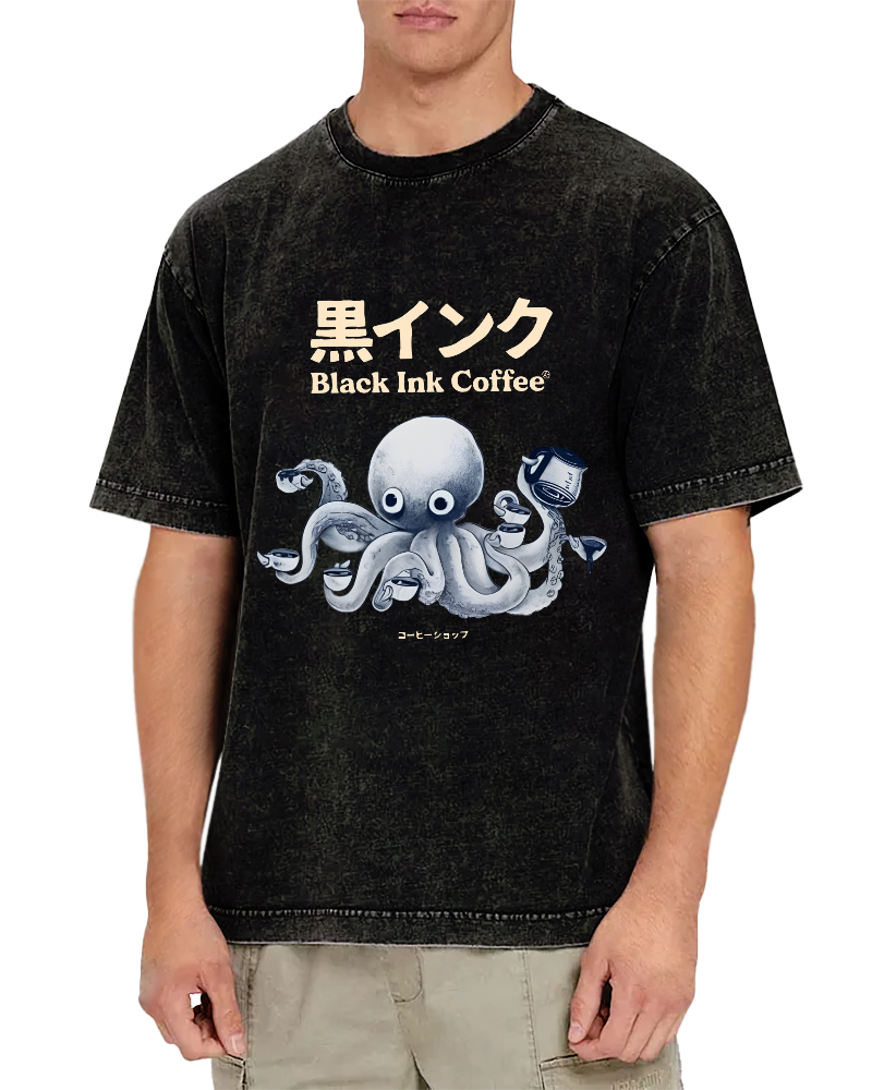 Japanese Octopus Pattern Leisure Vintage Distressed T-shirt-Zazasy