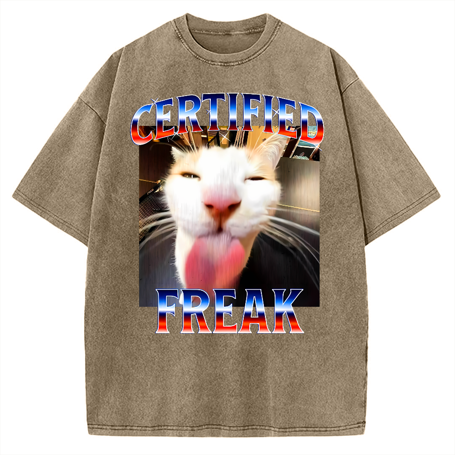 Certified Freak Cat Tongue Out - Funny Meme Cat Vintage Washed T-shirt