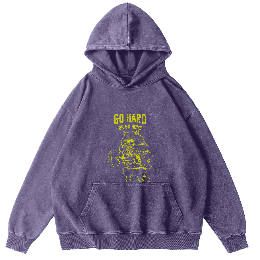 Retro Weightlifting Cat Japanese Washed Hoodie-Zazasy