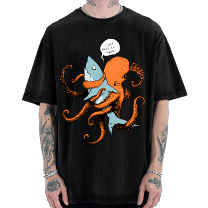 Octopus Entangles Shark Vintage Washed T-shirt
