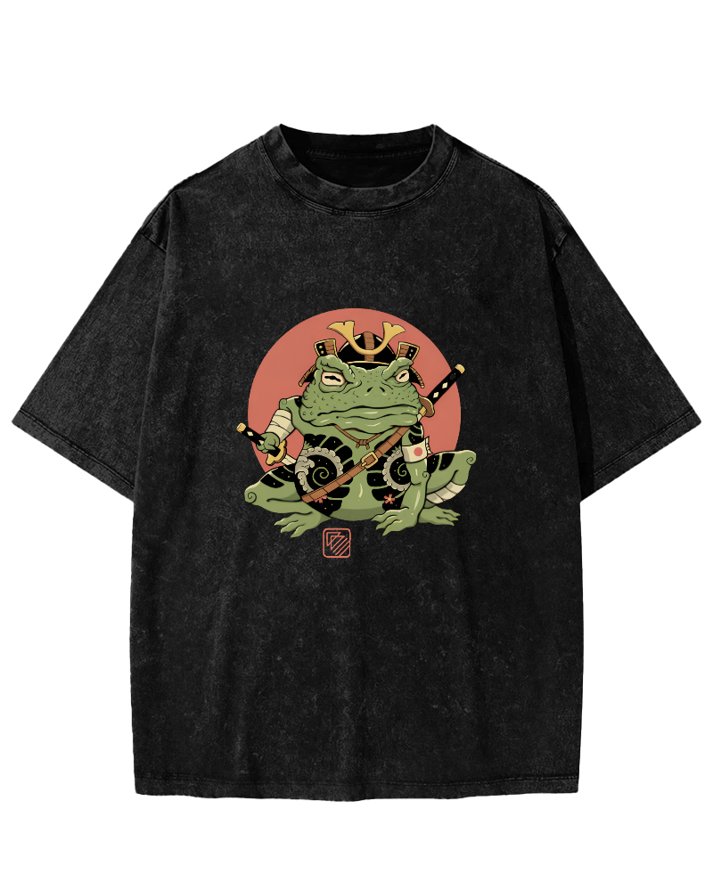 Japanese Funny Frog Pattern Vintage Distressed T-shirt-Zazasy