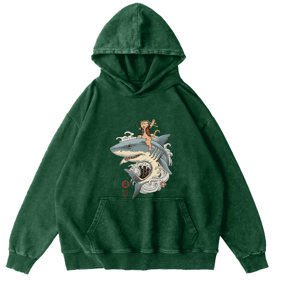 Cat Warrior Riding Shark Japanese Washed Hoodie-Zazasy