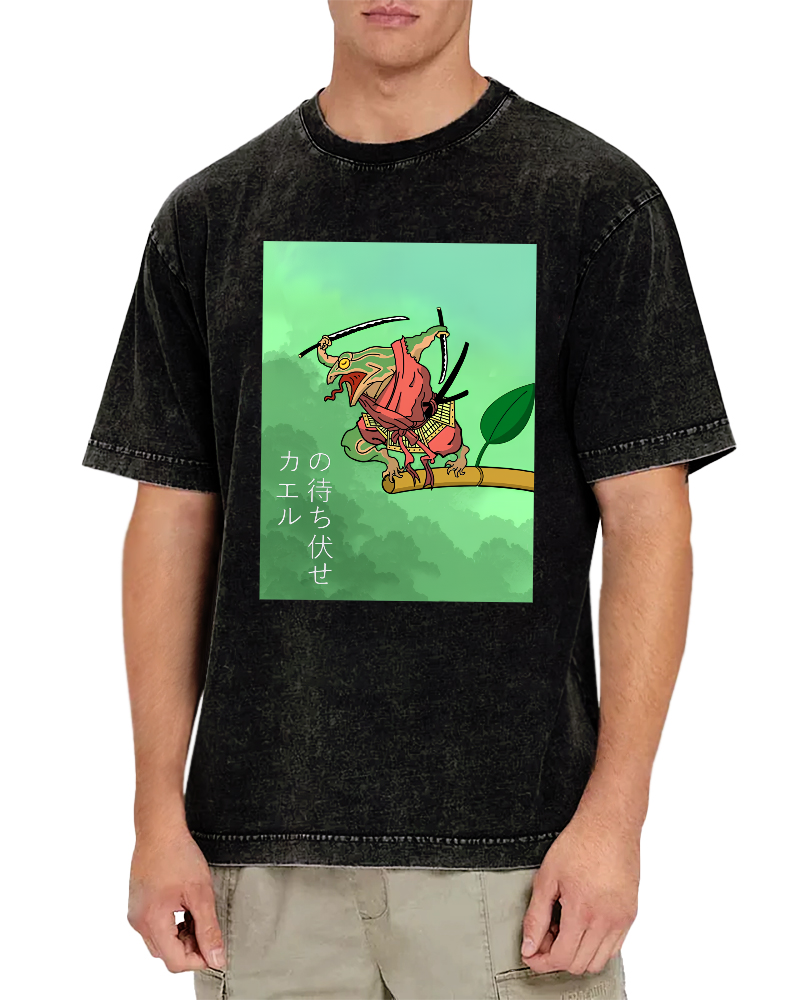 Frog Guardian Japanese Style Vintage Washed T-shirt-Zazasy