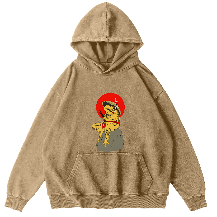 Retro Frog Japanese Style Vintage Distressed Hoodie-Zazasy