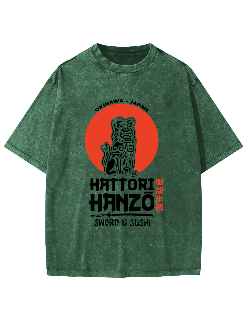 Japanese lion Pattern Vintage Distressed T-shirt-Zazasy