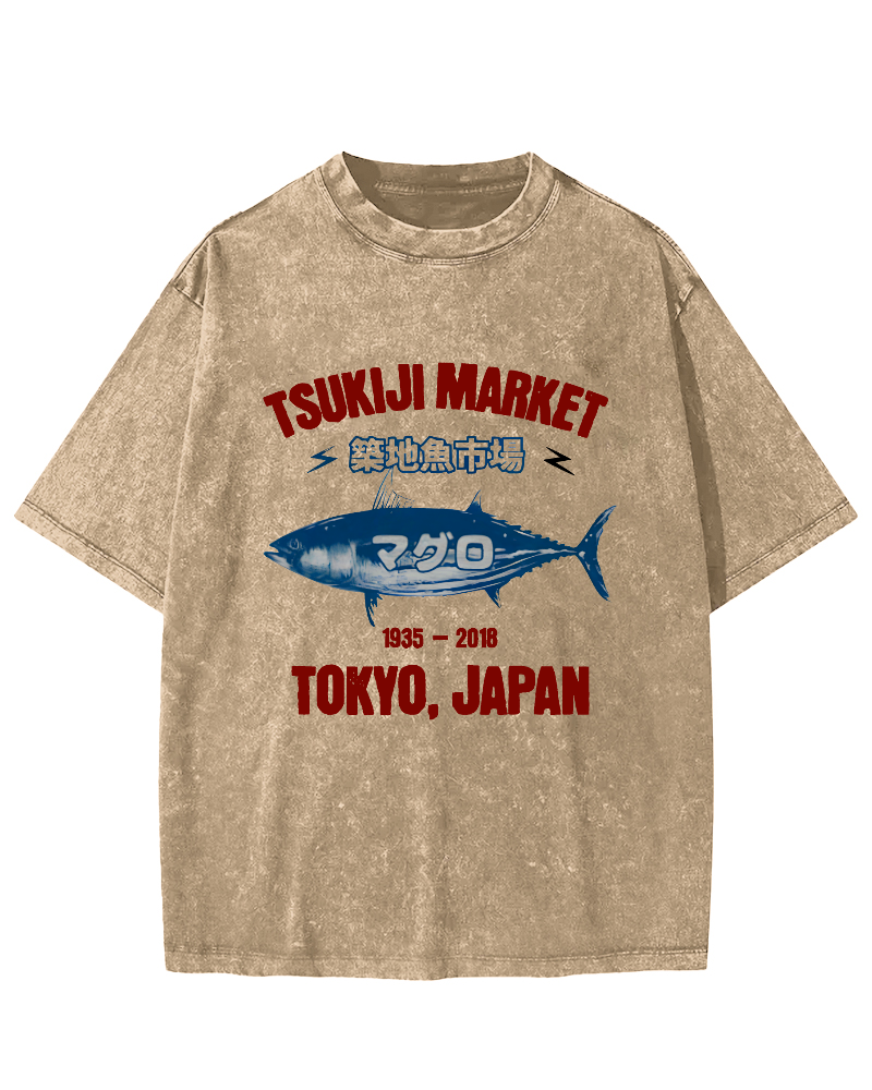 Japanese Tuna Pattern Vintage Distressed T-shirt-Zazasy