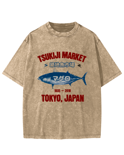 Japanese Tuna Pattern Vintage Distressed T-shirt-Zazasy