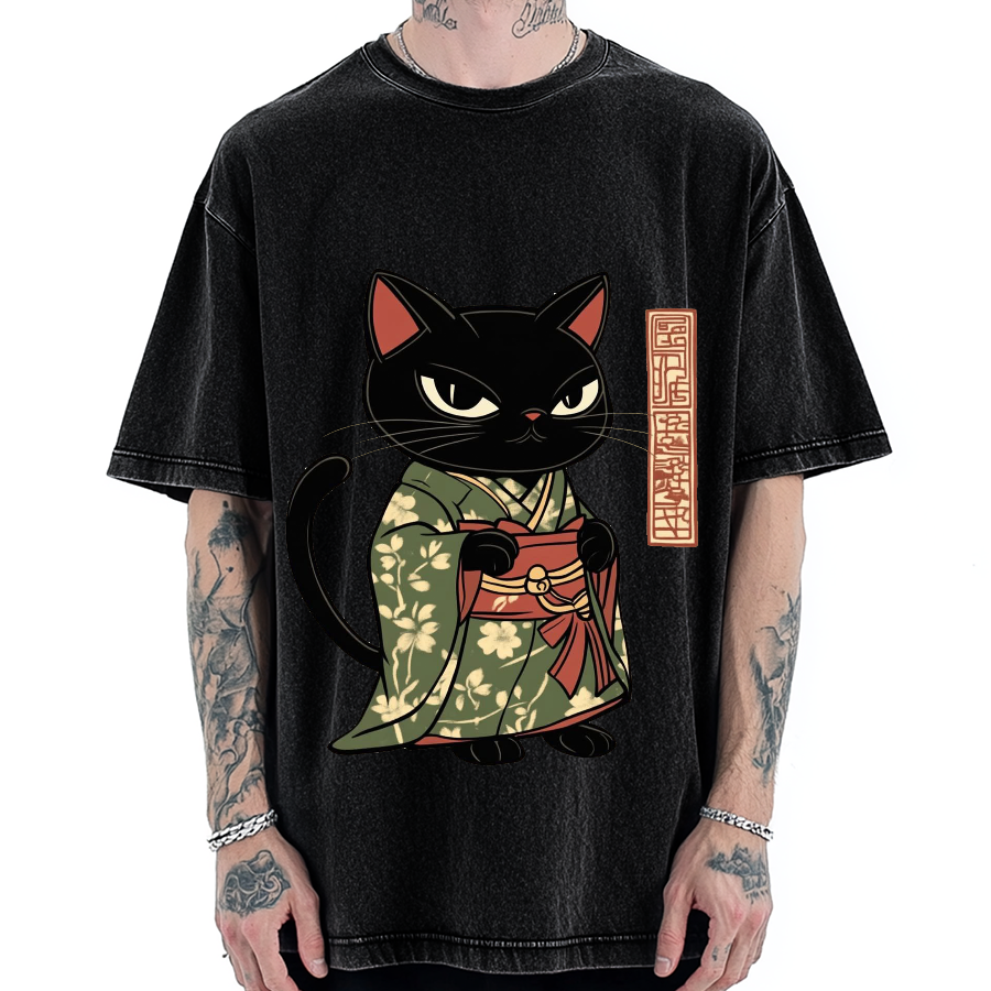 Japanese Cat Geisha Vintage Washed T-shirt