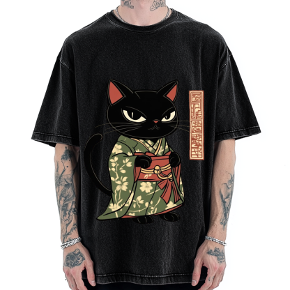 Japanese Cat Geisha Vintage Washed T-shirt