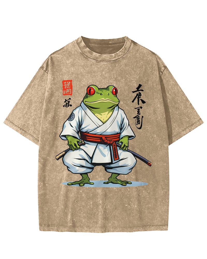 Frog Bushido Spirit Japanese Vintage Washed T-shirt-Zazasy