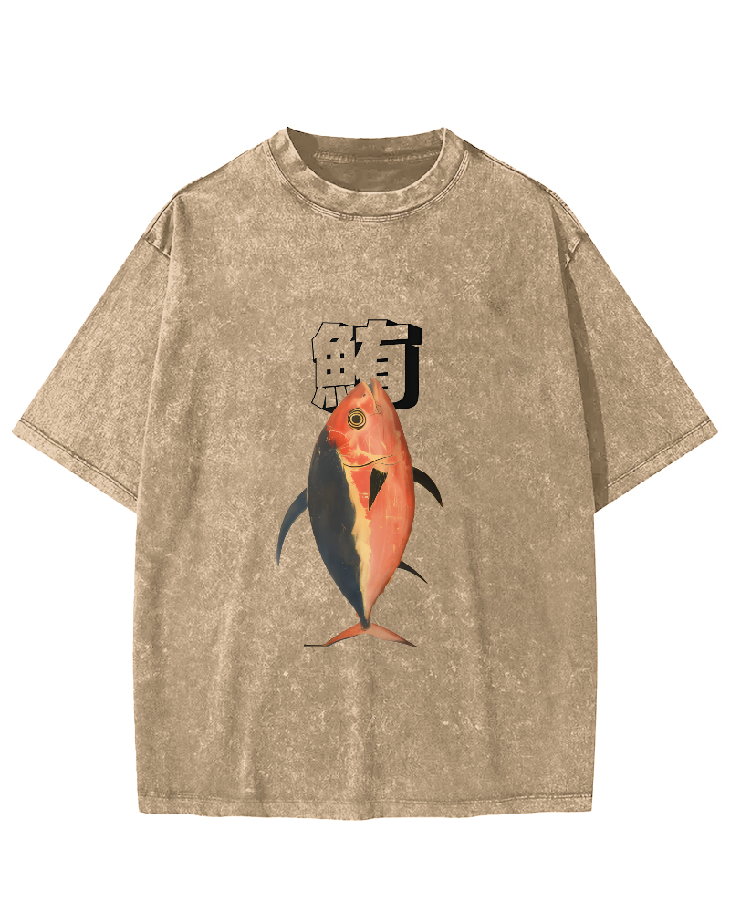 Japanese Ocean Fish Pattern Vintage Distressed T-shirt-Zazasy