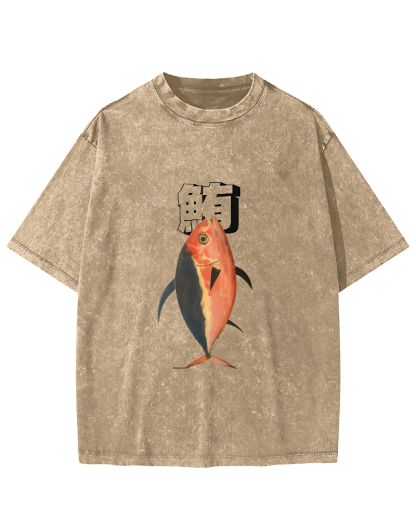 Japanese Ocean Fish Pattern Vintage Distressed T-shirt-Zazasy