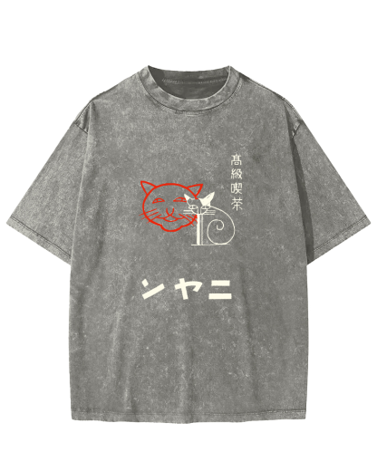 Japanese Character Cat Pattern Vintage Distressed T-shirt-Zazasy