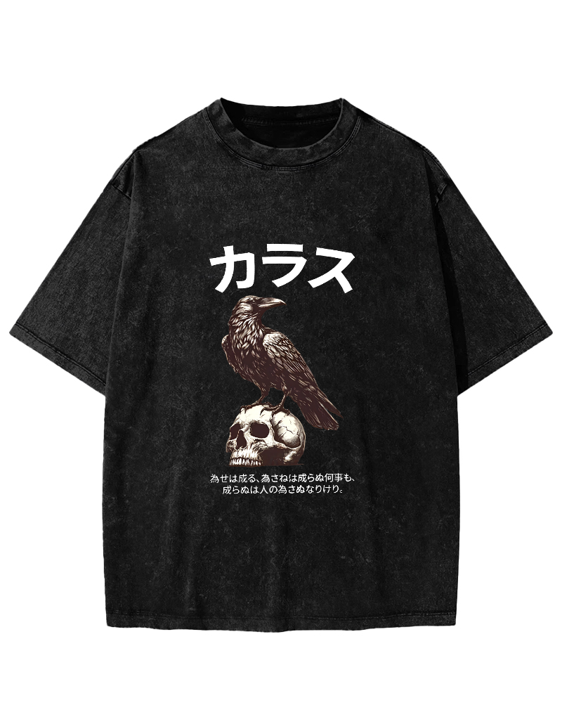 Retro Crow Pattern Japanese Style Vintage Distressed T-shirt-Zazasy