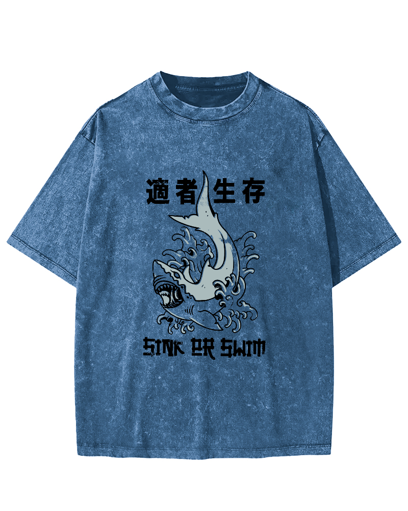Japanese Script Shark Pattern Vintage Distressed T-shirt-Zazasy