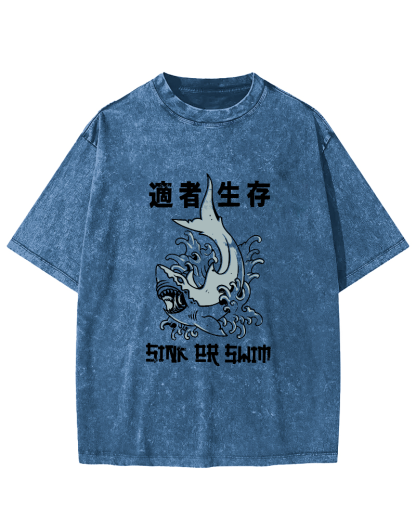 Japanese Script Shark Pattern Vintage Distressed T-shirt-Zazasy