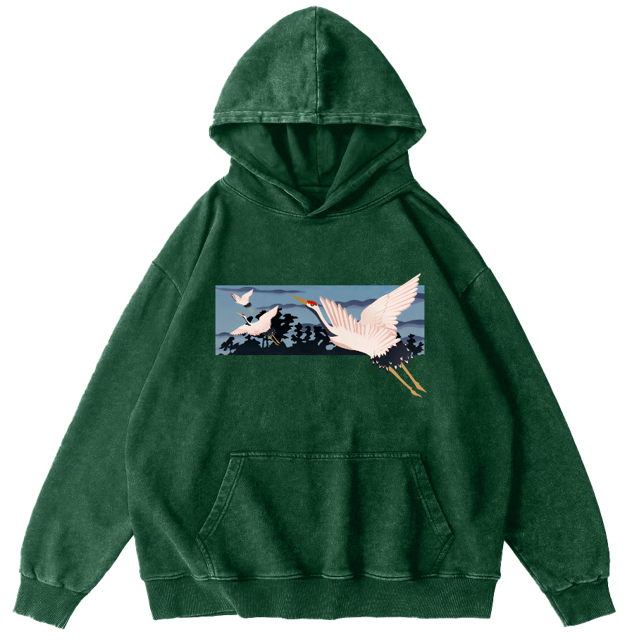Idle Clouds, Wild Cranes, Japanese Style Vintage Washed Hoodie-Zazasy