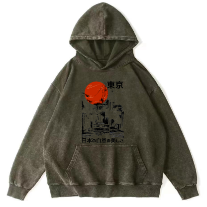 Tokyo's Natural Scenery Vintage Distressed Hoodie-Zazasy