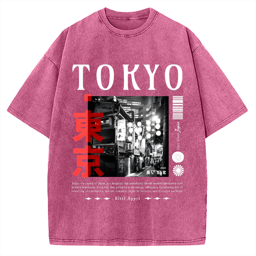 Tokyo Street Night Scene Vintage Washed T-shirt