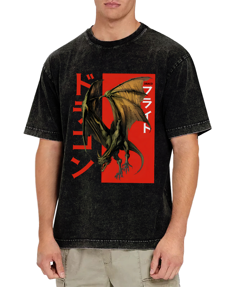 Pterosaur Monster Japanese Style Vintage Washed T-shirt-Zazasy