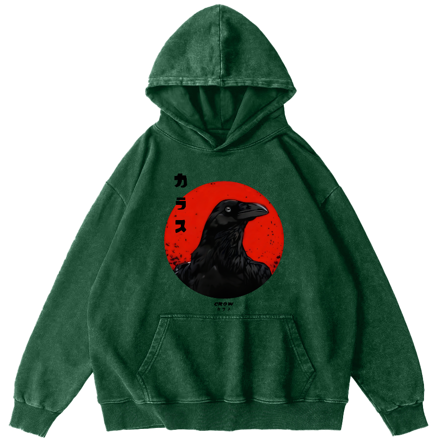 Simple Crow Japanese Style Vintage Distressed Hoodie-Zazasy