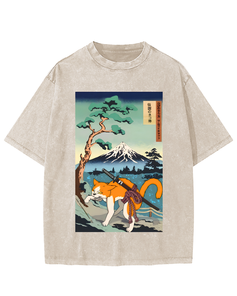 Edo Period Cat Pattern Vintage Washed T-shirt-Zazasy