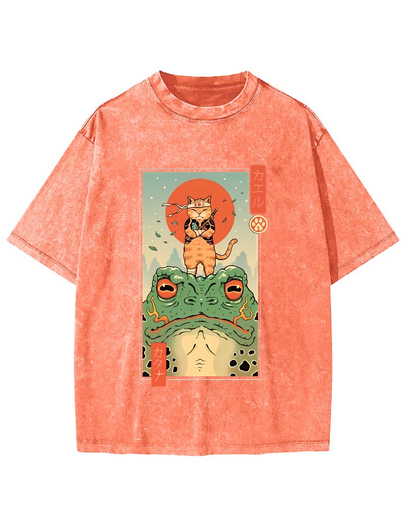 Frog And Cat Japanese  Vintage Distressed T-shirt-Zazasy