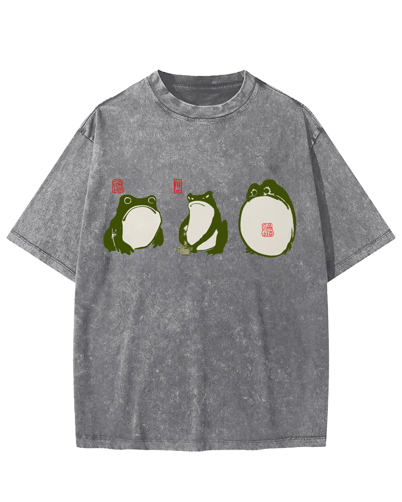 Cute Japanese Frog Vintage Washed T-shirt-Zazasy