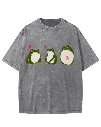 Cute Japanese Frog Vintage Washed T-shirt-Zazasy