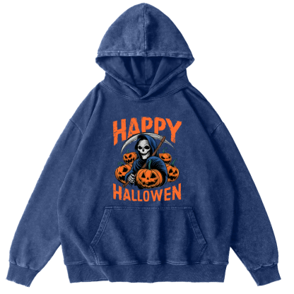 Halloween Pumpkin Lamp  Vintage Washed Hoodie-Zazasy