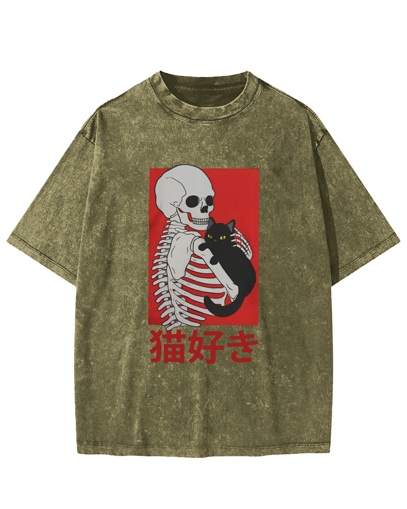 Skeleton And Cat Japanese Style Vintage Washed T-shirt-Zazasy