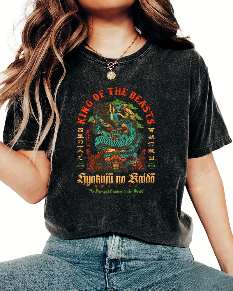 Japanese Mythological Dragon Pattern Vintage Distressed T-shirt-Zazasy