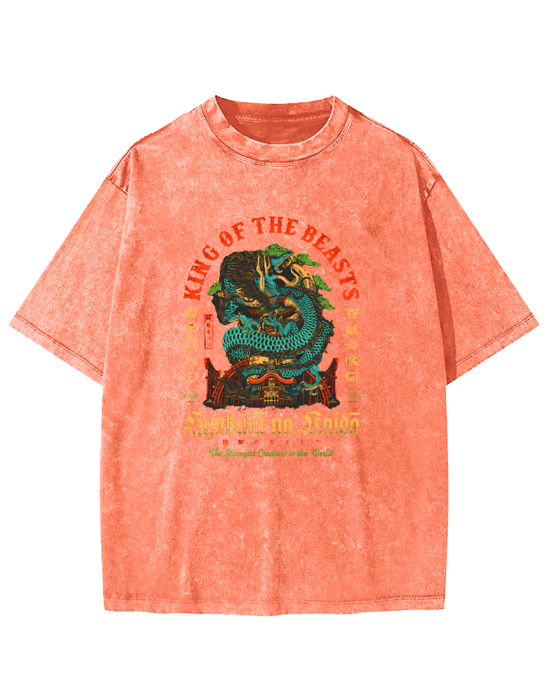 Japanese Mythological Dragon Pattern Vintage Distressed T-shirt-Zazasy