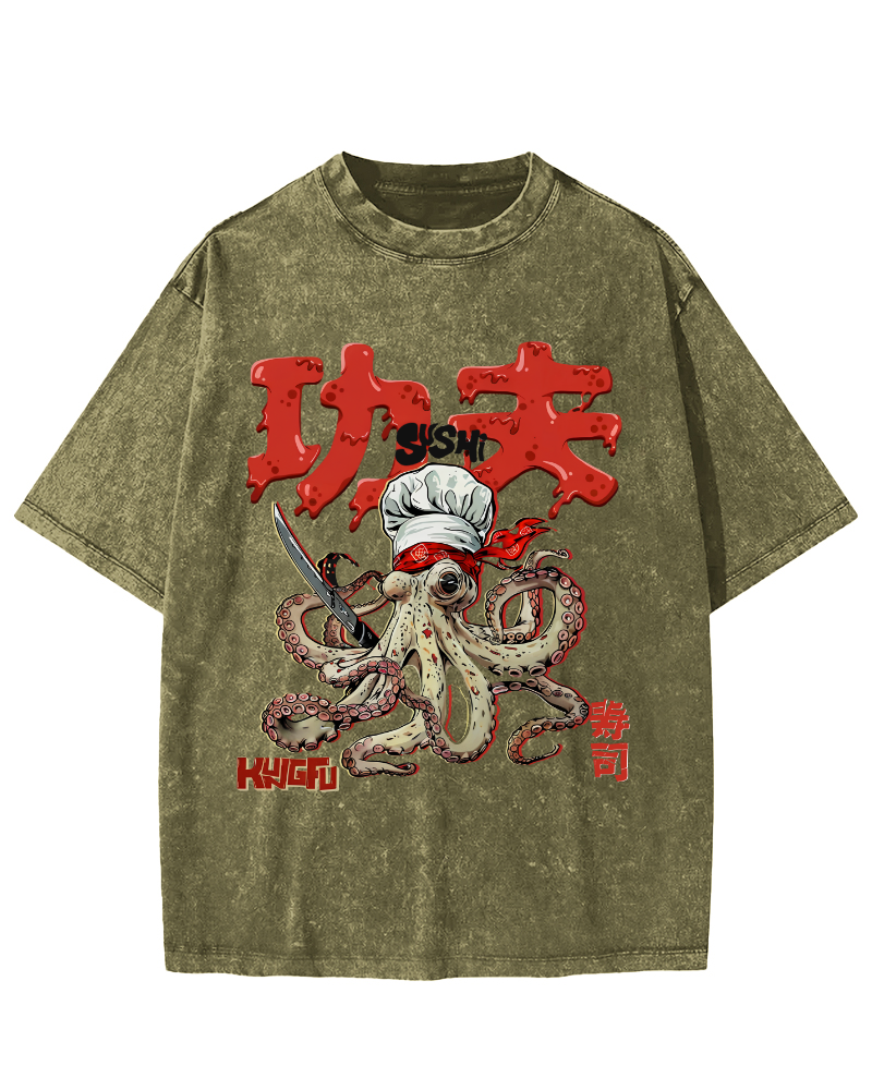 Kung Fu Sushi Japanese Vintage Washed T-shirt-Zazasy