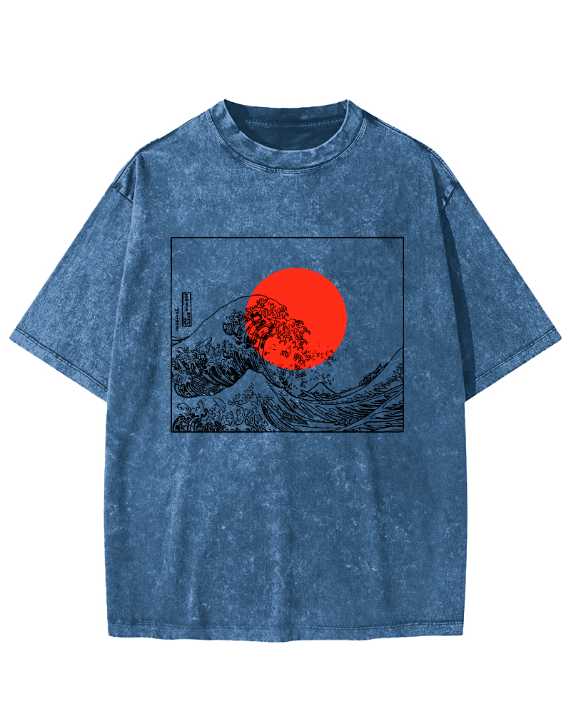 Sunrise Scenery Japanese Style Vintage Distressed T-shirt-Zazasy
