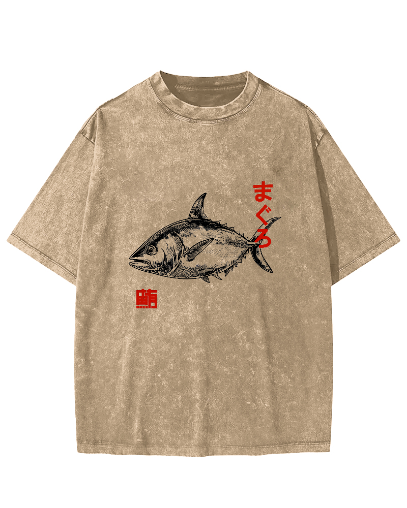 Japanese Tuna Pattern Vintage Distressed T-shirt-Zazasy