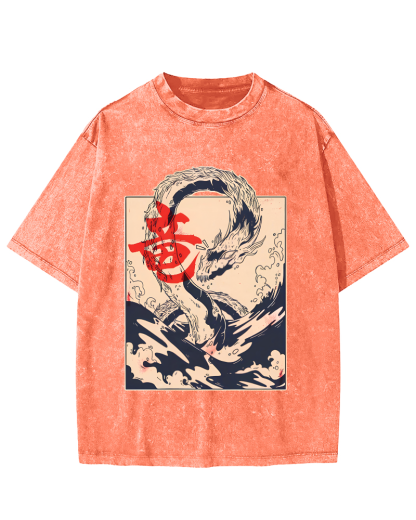 Retro Water God Dragon Pattern Japanese Style Vintage Distressed T-shirt-Zazasy