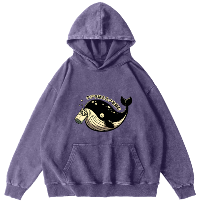 Japanese Whale Pattern Vintage Distressed Hoodie-Zazasy