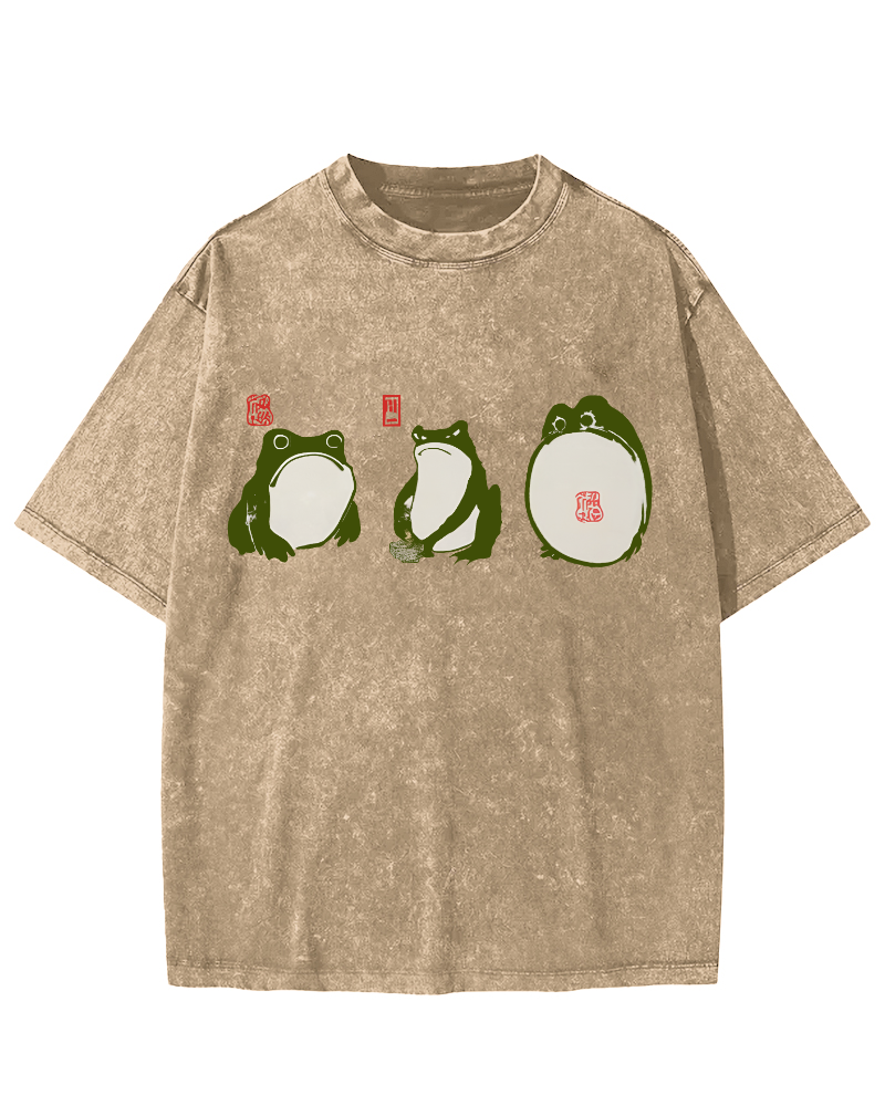 Cute Japanese Frog Vintage Washed T-shirt-Zazasy