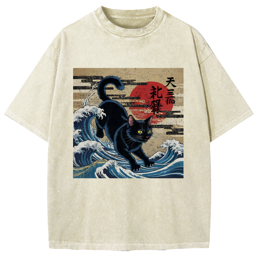 Japanese Wave Cat Vintage Washed T-shirt