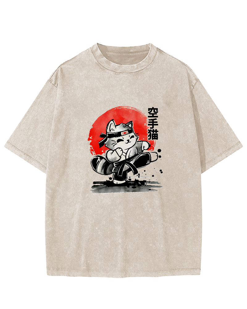 Karate Cat Japanese Style Vintage Distressed T-shirt-Zazasy