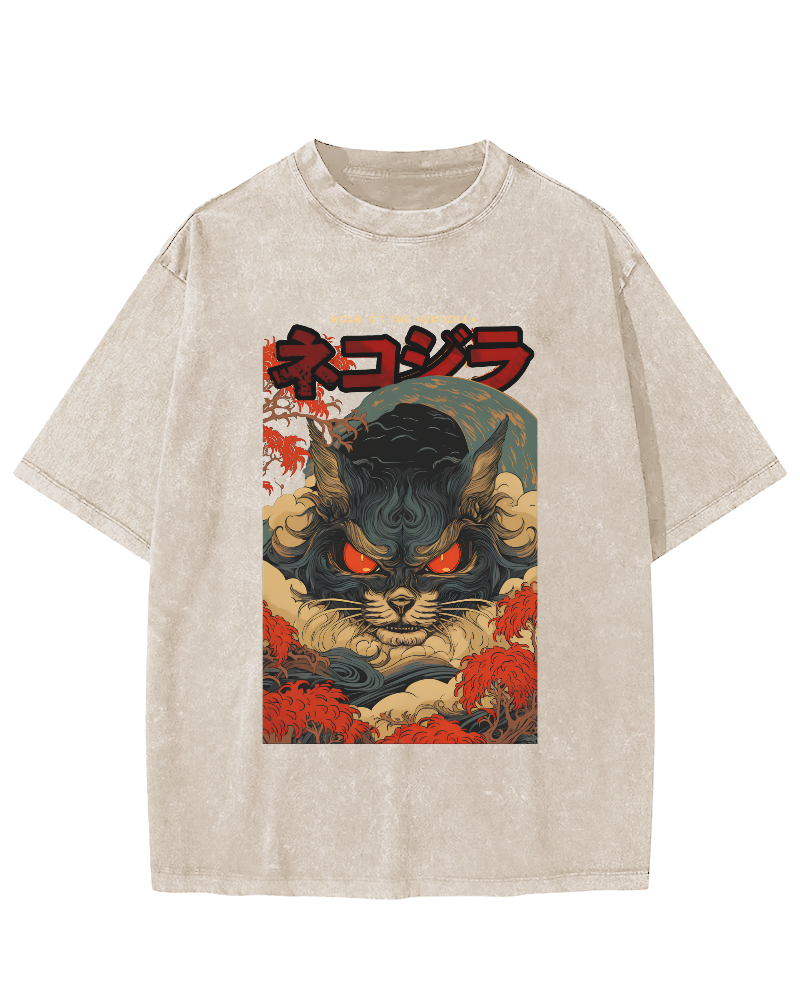 Monster Cat Japanese Style Vintage Washed T-shirt-Zazasy