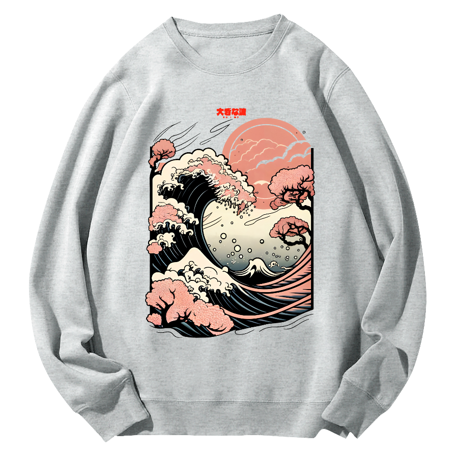 Japanese Giant Waves Round Neck Sweatshirt-Zazasy