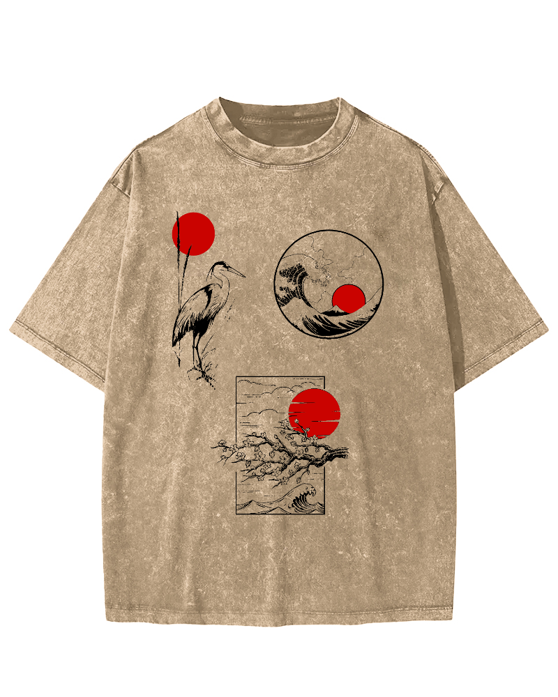 Sunrise Scenery in Japan Vintage Washed T-shirt-Zazasy
