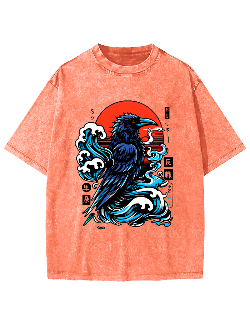 Crows in The Waves, Japanese Style Vintage Distressed T-shirt-Zazasy