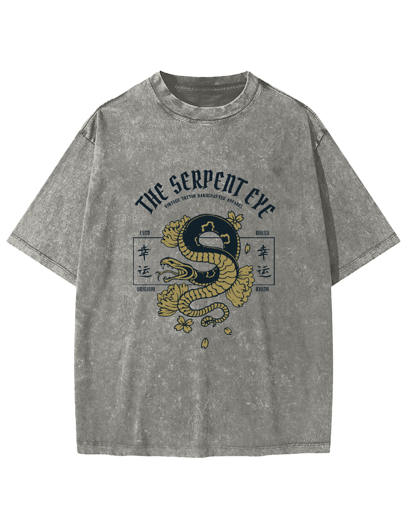 Japanese Lucky Snake Pattern Vintage Distressed T-shirt-Zazasy