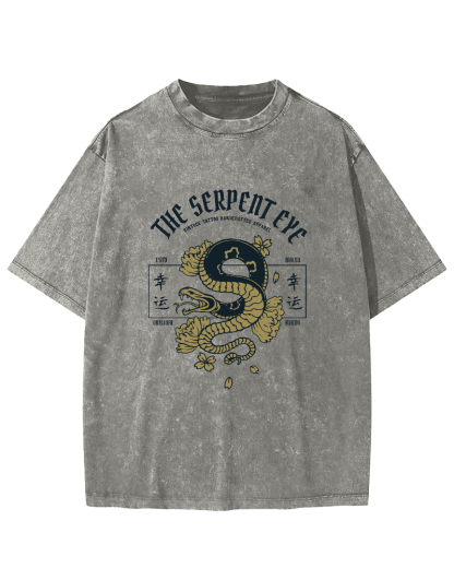 Japanese Lucky Snake Pattern Vintage Distressed T-shirt-Zazasy