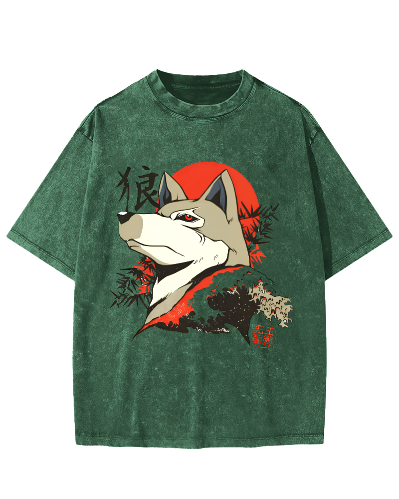 Cartoon Wolf Pattern Japanese Style Vintage Distressed T-shirt-Zazasy