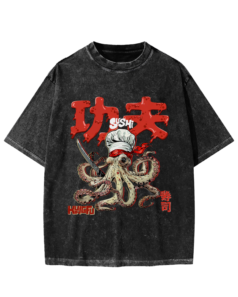 Kung Fu Sushi Japanese Vintage Washed T-shirt-Zazasy